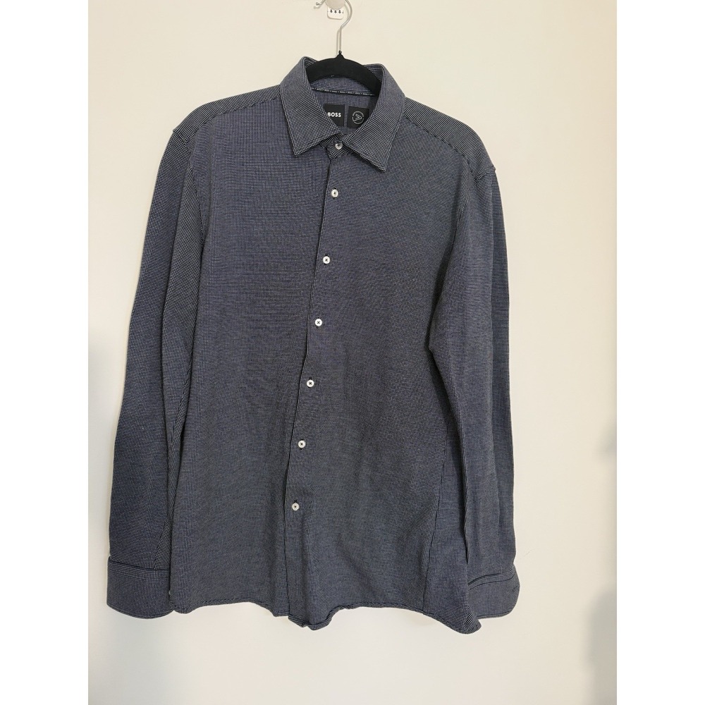 BOSS Hugo Boss Mens 16 41 L Performance Slim Fit Dress Shirt Blue Micro Print